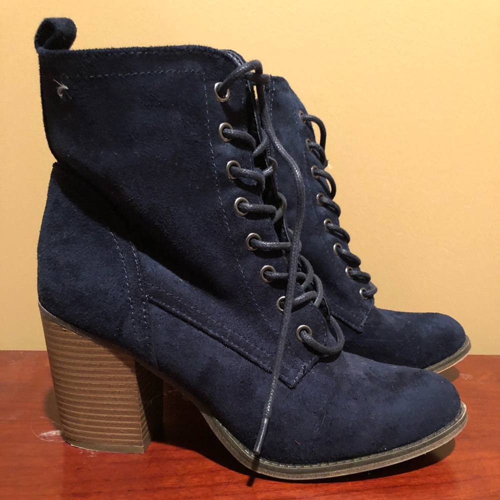 Blue faux suede lace up heels